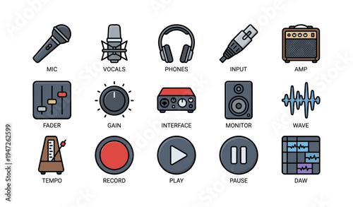 Audio equipment icons: microphone, headphones, interface, amplifier, metronome, speaker, waveform