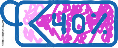 Forty percent discount tag doodle icon highlighting a promotional sale, representing consumer savings and marketing offers with a scratchy, casual artistic style