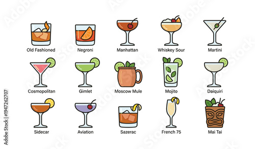 Illustrated assorted cocktails collection including old fashioned and mojito