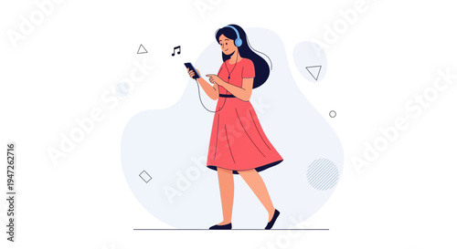 Woman Listening Music on Smartphone with Headphones, Walking and Dancing