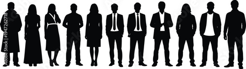 people, silhouettes, business, professionals, standing, team, corporate, employees, workers, leadership, office, characters, group, urban, formal, suits, workforce, crowd, set, illustration