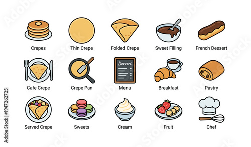 Variety of crepes and desserts: folded crepes, sweet fillings, pastries, and more