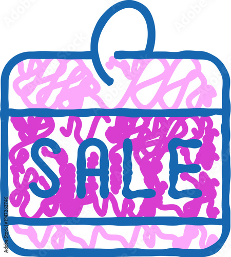 Blue outline price tag sketch with pink scribbles and sale in blue, minimalist ecommerce illustration symbolizing discounts, promotions, bargains and shopping savings on white background