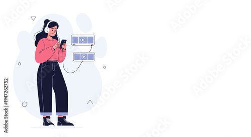 Woman listening to music on headphones and phone, watching videos, modern illustration