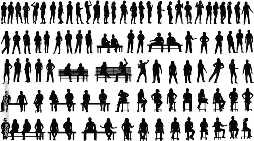 People, silhouettes, collection, sitting, standing, walking, bench, chairs, men, women, crowd, social, lifestyle, interaction, characters, figures, group, isolated, poses, set
