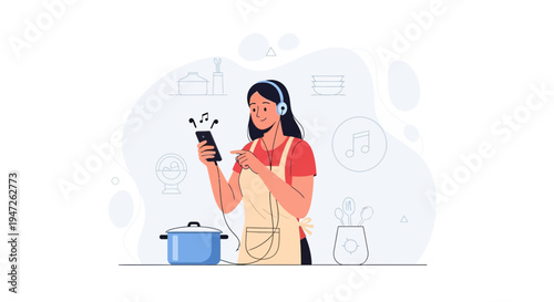 Woman listening to music on headphones while cooking, using smartphone in kitchen