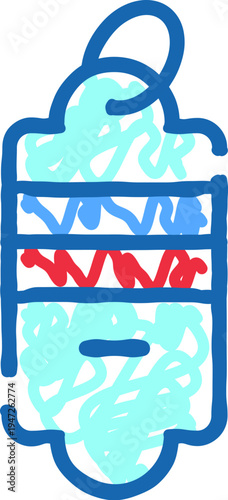 Hand drawn blue and red outlined doodle style icon depicting a sacred charm or amulet, offering protection and good fortune in a simple graphic illustration