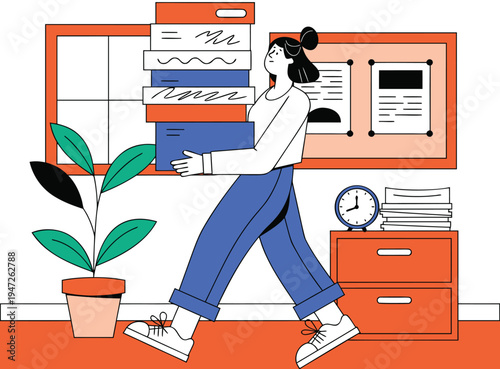 Illustration of Busy Woman Carrying Tall Stack of Documents in Modern Office with Desk and Plant