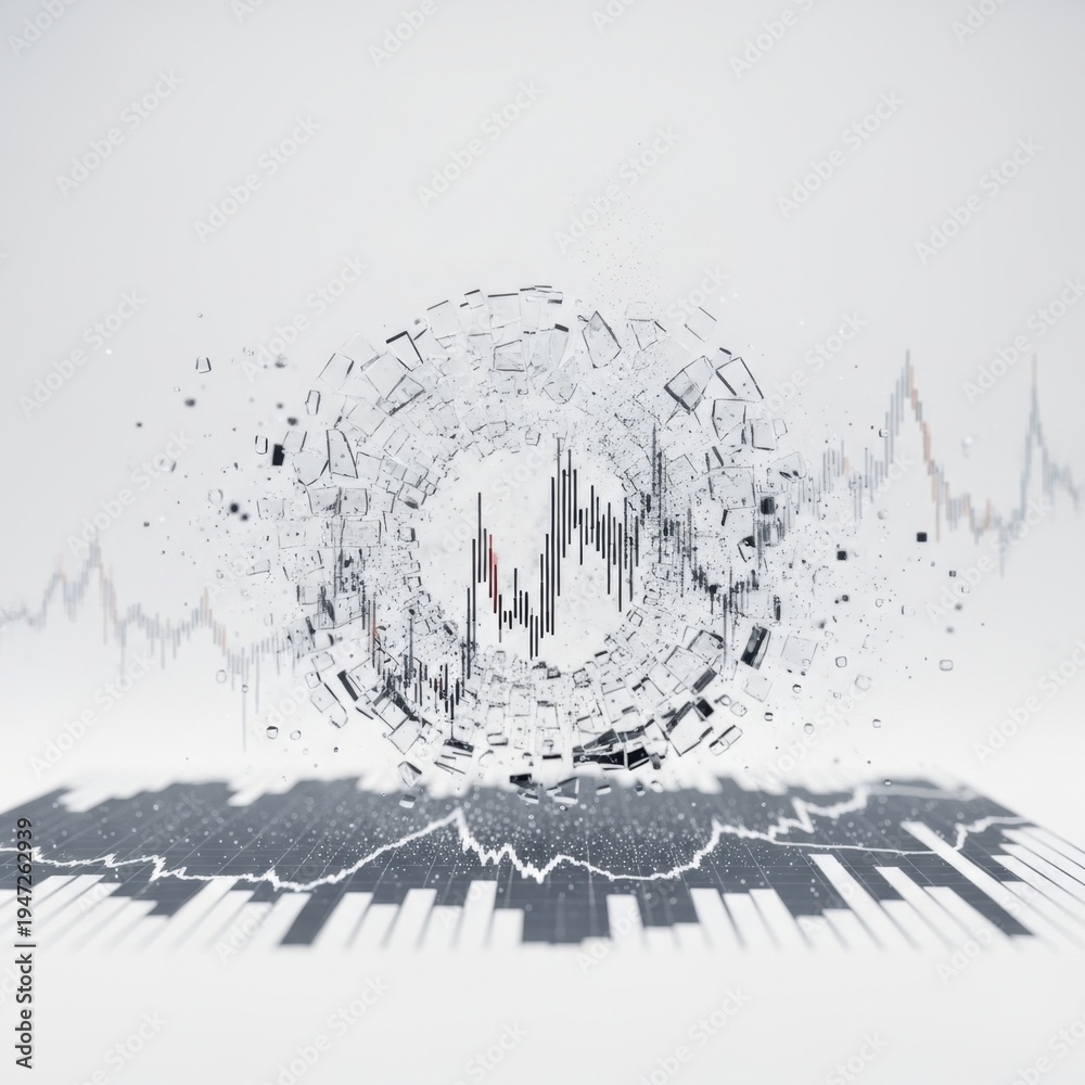 Obraz premium Financial Market Volatility: Shattering Glass Sphere with Stock Charts