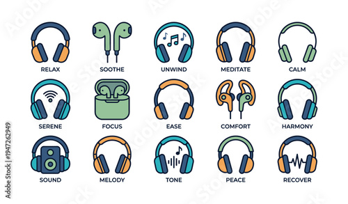 Colorful headphone and earbud icons featuring relaxation and music themes