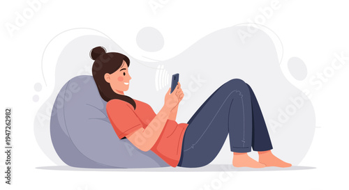 Woman Relaxing on Beanbag Chair Using Smartphone