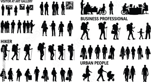 people, silhouettes, collection, visitors, hikers, professionals, urban, walking, gallery, business, backpackers, crowd, lifestyle, characters, activities, isolated, black, icons, set, illustration