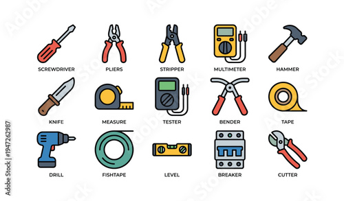 Colorful set of hand tools including screwdriver hammer pliers and more