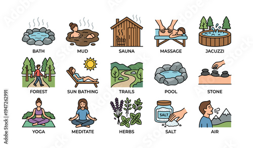 Spa and wellness icons featuring sauna, massage, meditation, and nature elements