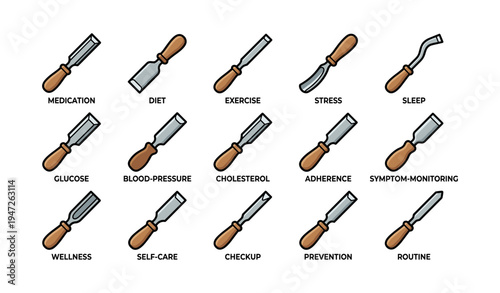 Icons representing health and wellness before medical tools white background