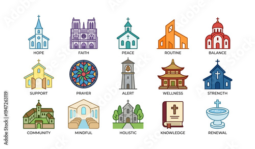 Icon set of churches and temples representing faith, peace, wellness, and community