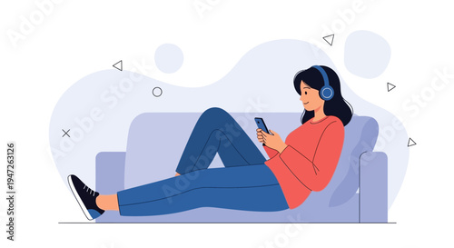Woman Relaxing on Sofa Listening to Music on Headphones and Using Smartphone