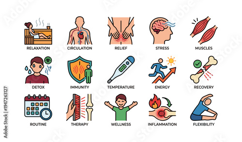 Illustrated icons depicting health benefits and wellness themes