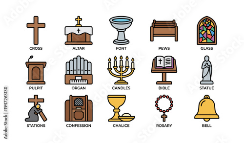 Christian symbols: cross, altar, chalice, rosary, stained glass, candles, organ, bible, pews, statue