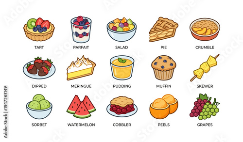 Variety of colorful desserts and fruits illustration featuring tart and parfait