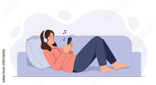 Woman Relaxing on Sofa Listening to Music on Smartphone with Headphones