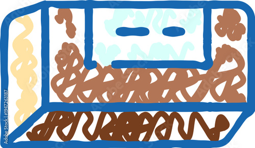 Air conditioner window unit featuring a heavily soiled filter and vents, illustrating maintenance needs and environmental buildup with a hand drawn doodle style