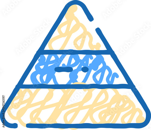 Pyramid shaped scribble icon with blue and yellow hand drawn layers representing hierarchical structure, segmented data or staged process on a clean white background