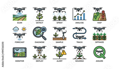 Agricultural drone technology icons for farming and crop management