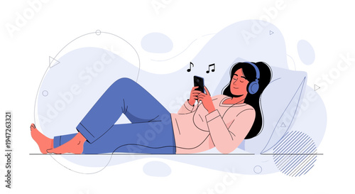 Woman Relaxing with Headphones Listening to Music on Smartphone