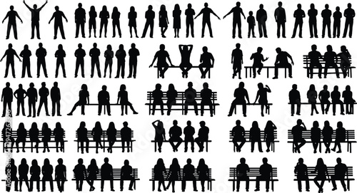 People, silhouettes, sitting, standing, bench, crowd, men, women, group, public, park, social, lifestyle, gathering, interaction, figures, characters, collection, isolated, set