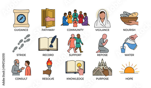 Diverse illustrations depicting guidance, community, support, and hope