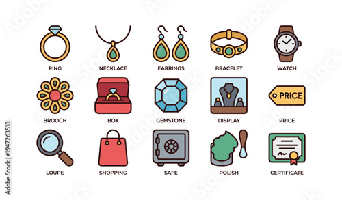 Jewelry icons set with ring, necklace, earrings, bracelet, and safe display options