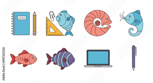 Colorful illustration of various objects and fish