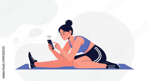 Woman stretching on yoga mat using smartphone for workout routine