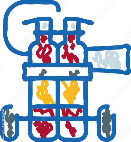 Scuba diving equipment colored line doodle illustration on a white background, depicting oxygen tanks and underwater breathing apparatus for sport and recreation