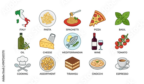Italian cuisine icons featuring pizza, pasta, tiramisu, and more