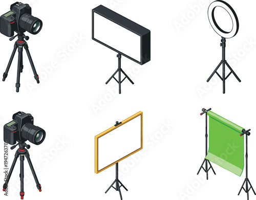 Photography, equipment, isometric, camera, tripod, studio, lighting, ringlight, softbox, greenscreen, backdrop, video, production, filming, technology, content, creator, media, illustration, set