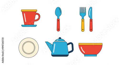 Colorful kitchenware set on white