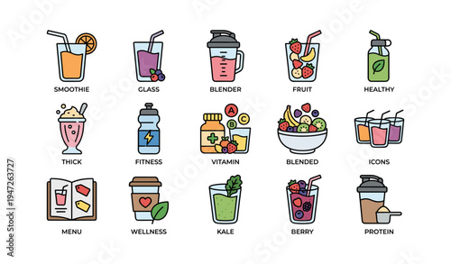Variety of colorful smoothie and health drink icons