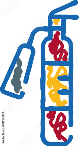 Fire extinguisher doodle icon symbolizing essential safety equipment and protection from danger, providing a vital tool for preventing emergencies and ensuring security in various environments