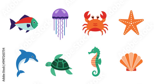Colorful marine life cartoon illustrations
