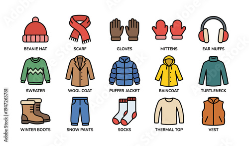 Winter clothing icons set with beanie hat, scarf, gloves, and more