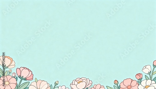 Showing floral border at bottom of pastel teal card, with peonies, green leaves, empty center