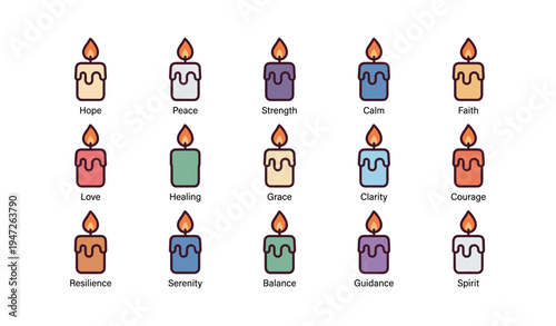 Colorful candle icons with inspirational words: hope, peace, strength, calm, faith, love, healing, grace, clarity, courage, resilience, serenity