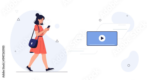 Woman walking and looking at phone, video play button icon, digital communication concept
