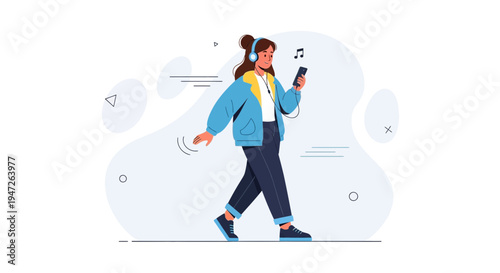 Woman walking with headphones and smartphone, listening to music, animated illustration