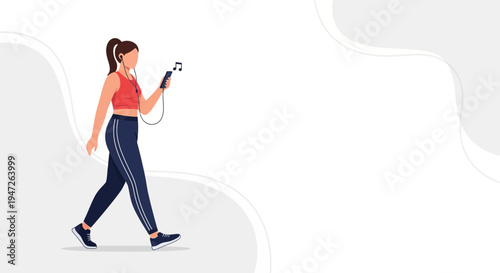 Woman walking with headphones and smartphone, listening to music, fitness and lifestyle