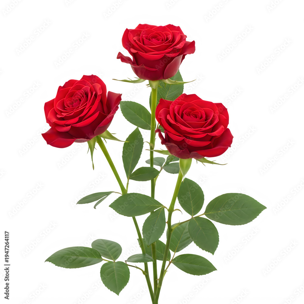 Fototapeta premium Three red roses with green leaves