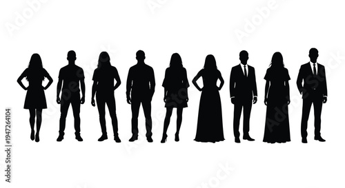 Silhouettes of diverse men and women in casual clothing, standing in a row, isolated on white background, group of people silhouettes