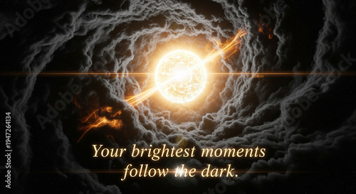 Brilliant golden star being born inside a dark cosmic nebula, featuring a typography quote about finding light and growth after dark times.